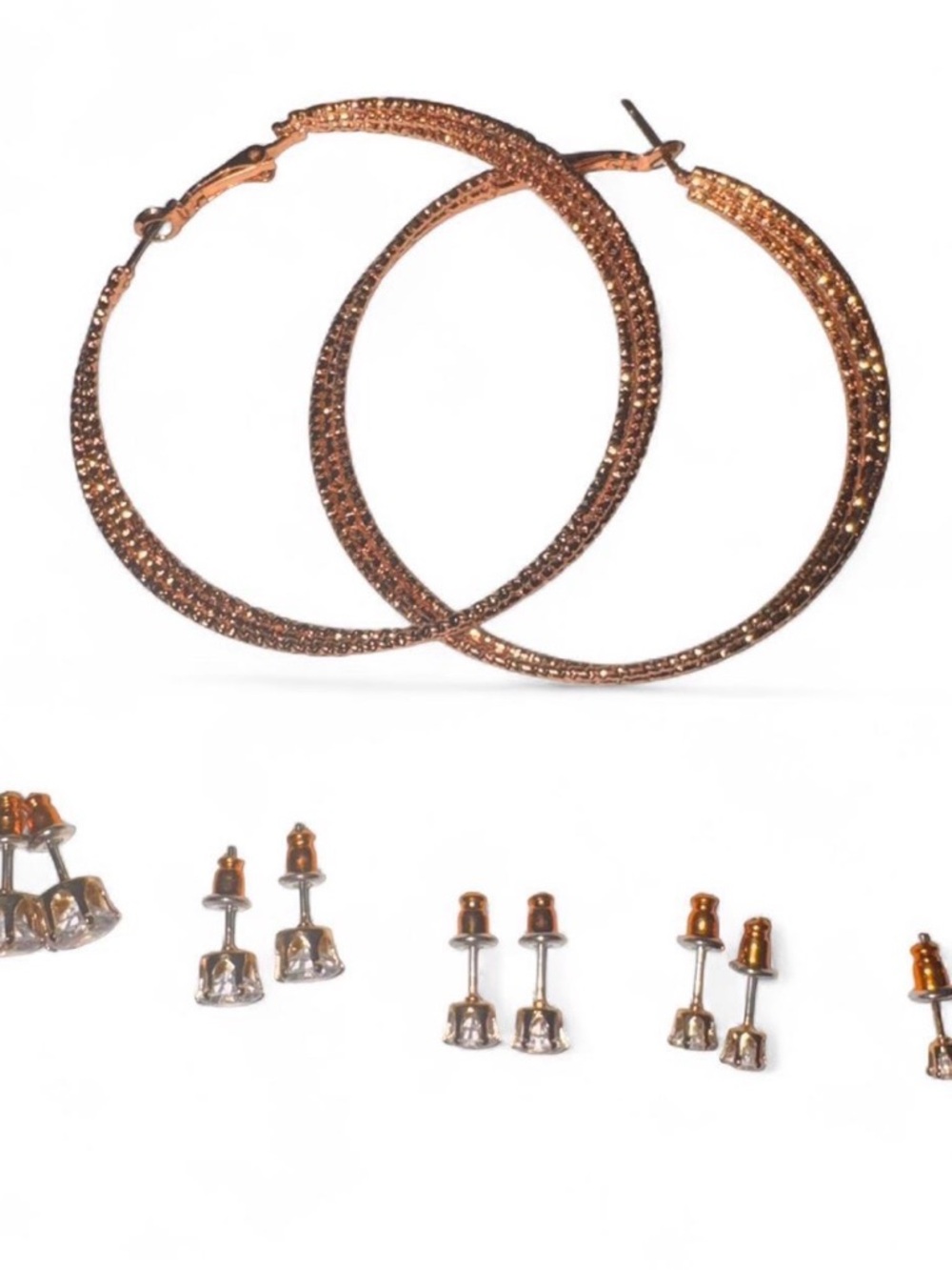 Rose Gold-Tone Pave Hoop Earrings - 5 Pack of Different Sized Studs Included